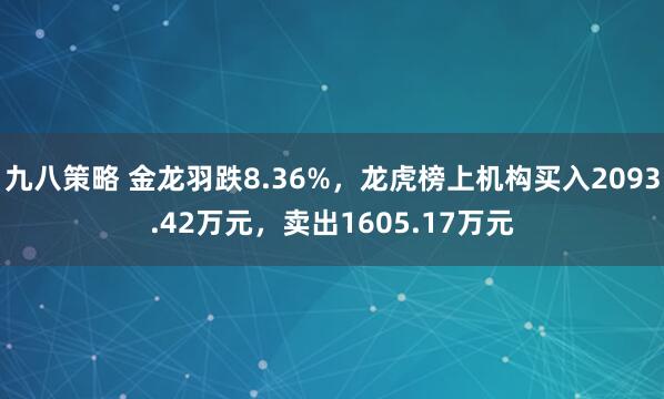 九八策略 金龙羽跌8.36%，龙虎榜上机构买入2093.42万元，卖出1605.17万元